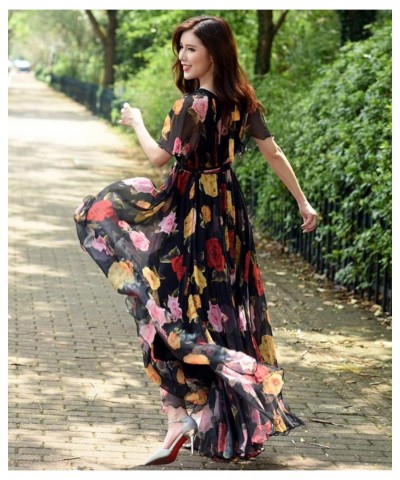 Women's Short Sleeve Floral Bohemian Maxi Dress Black Rose $24.74 Dresses