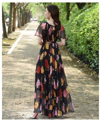 Women's Short Sleeve Floral Bohemian Maxi Dress Black Rose $24.74 Dresses