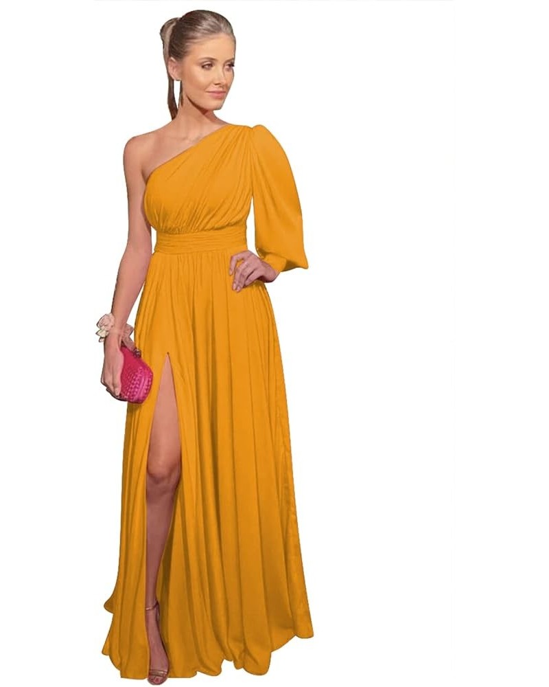 Womens Puffy Long Sleeve Prom Dresses with Pockets One Shoulder Split Chiffon Formal Evening Gowns Mustard Yellow $27.60 Dresses