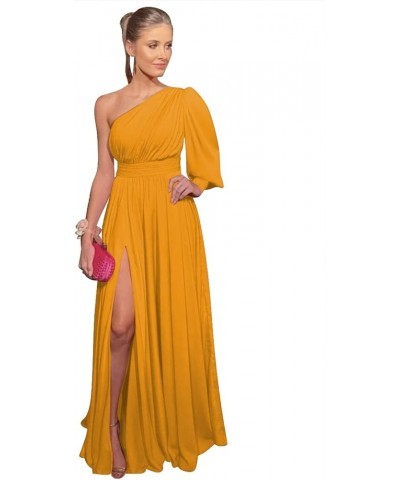 Womens Puffy Long Sleeve Prom Dresses with Pockets One Shoulder Split Chiffon Formal Evening Gowns Mustard Yellow $27.60 Dresses