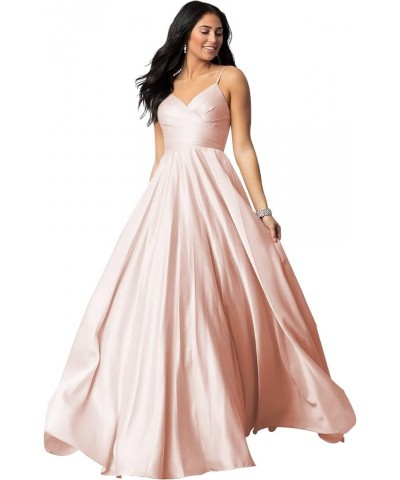 Spaghetti V Neck Prom Dresses for Women Long Ball Gown Ruched Satin Evening Party Gown with Pockets CMD009 Blush Pink $33.32 ...