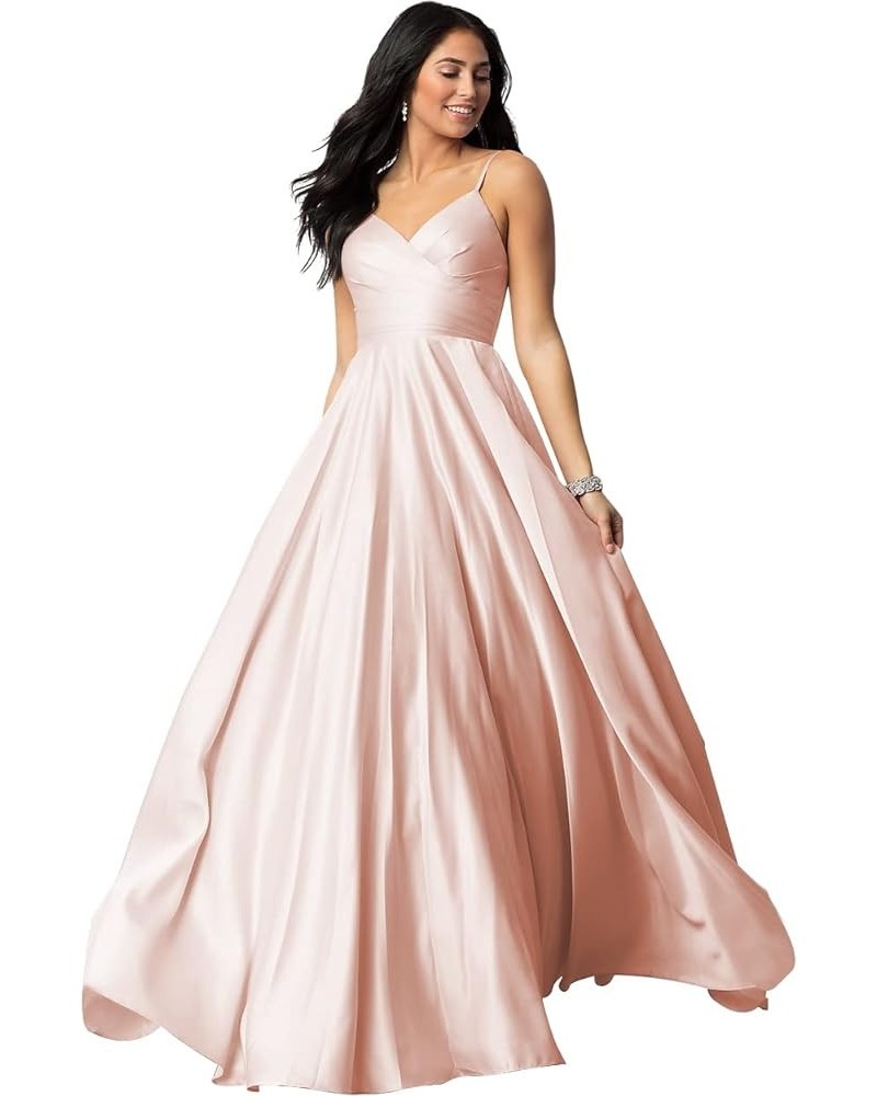 Spaghetti V Neck Prom Dresses for Women Long Ball Gown Ruched Satin Evening Party Gown with Pockets CMD009 Blush Pink $33.32 ...