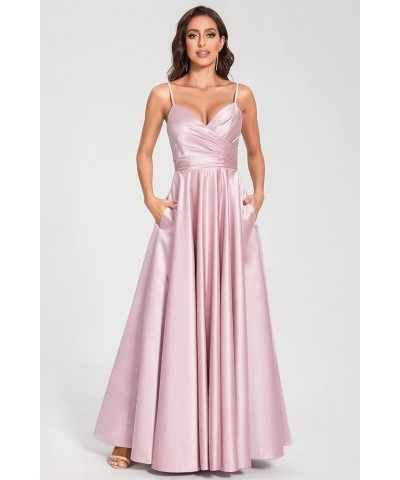 Spaghetti V Neck Prom Dresses for Women Long Ball Gown Ruched Satin Evening Party Gown with Pockets CMD009 Blush Pink $33.32 ...