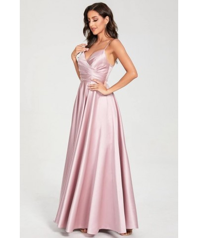 Spaghetti V Neck Prom Dresses for Women Long Ball Gown Ruched Satin Evening Party Gown with Pockets CMD009 Blush Pink $33.32 ...