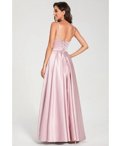 Spaghetti V Neck Prom Dresses for Women Long Ball Gown Ruched Satin Evening Party Gown with Pockets CMD009 Blush Pink $33.32 ...