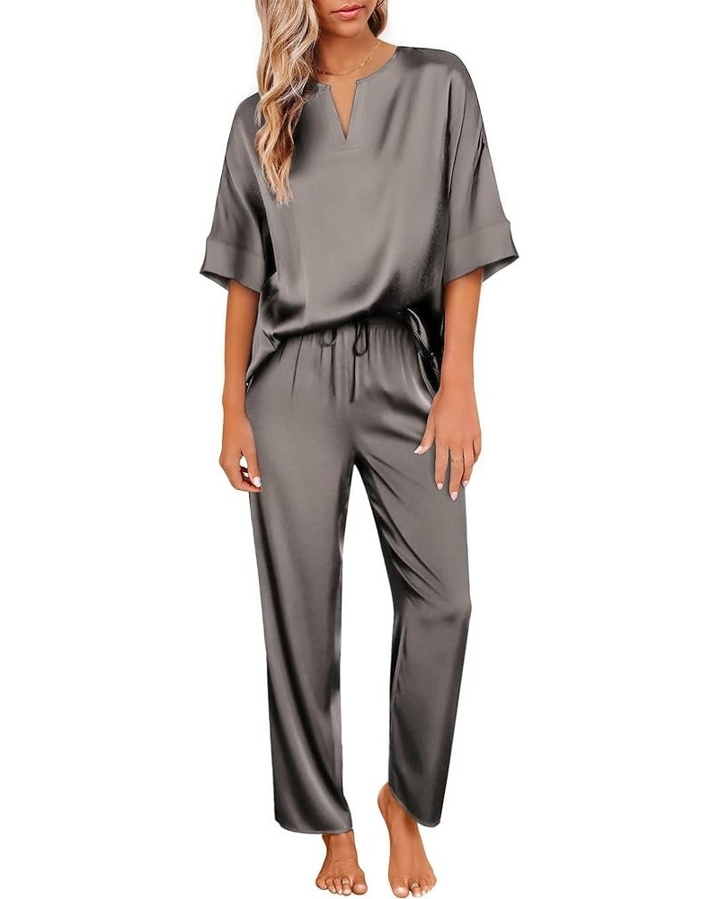 Satin Pajama Set Womens Silk Short Sleeve V Neck Shirt with Long Pant Soft Loungewear Pjs Set A-dark Grey $13.44 Sleep & Lounge