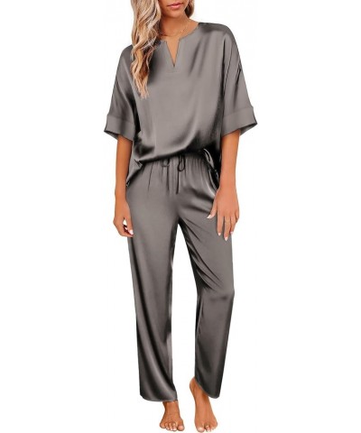 Satin Pajama Set Womens Silk Short Sleeve V Neck Shirt with Long Pant Soft Loungewear Pjs Set A-dark Grey $13.44 Sleep & Lounge