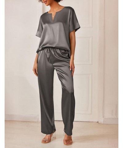 Satin Pajama Set Womens Silk Short Sleeve V Neck Shirt with Long Pant Soft Loungewear Pjs Set A-dark Grey $13.44 Sleep & Lounge