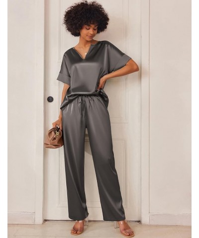 Satin Pajama Set Womens Silk Short Sleeve V Neck Shirt with Long Pant Soft Loungewear Pjs Set A-dark Grey $13.44 Sleep & Lounge