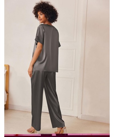 Satin Pajama Set Womens Silk Short Sleeve V Neck Shirt with Long Pant Soft Loungewear Pjs Set A-dark Grey $13.44 Sleep & Lounge