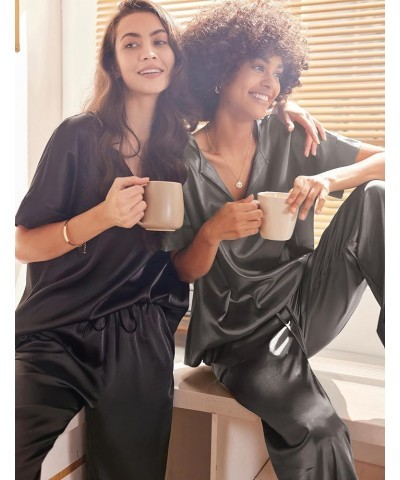 Satin Pajama Set Womens Silk Short Sleeve V Neck Shirt with Long Pant Soft Loungewear Pjs Set A-dark Grey $13.44 Sleep & Lounge