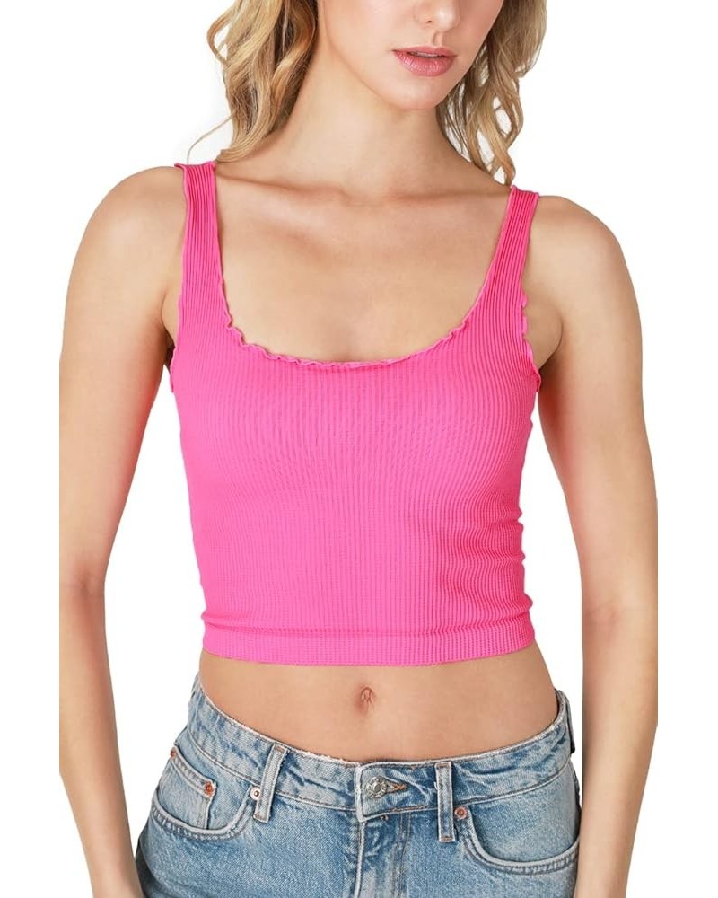 Women Seamless Lettuce Edge Crop Top, Made in U.S.A, One Size Pink Cosmos $11.58 Tanks