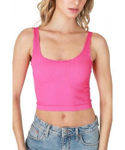 Women Seamless Lettuce Edge Crop Top, Made in U.S.A, One Size Pink Cosmos $11.58 Tanks