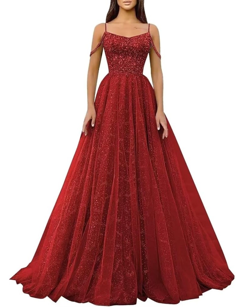 Cold Shoulder Sequin Prom Dresses Sparkly Tulle Long Ball Gowns Formal Evening Party Gown Wine Red $30.75 Dresses