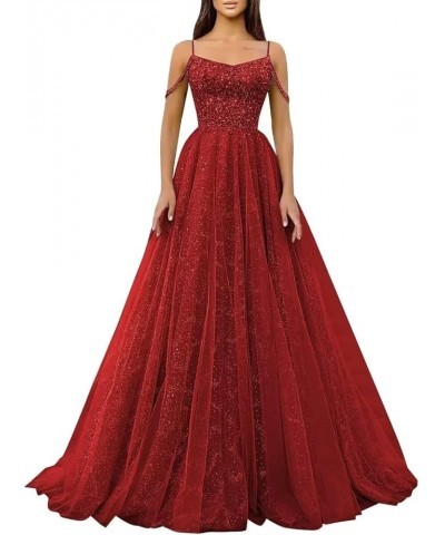 Cold Shoulder Sequin Prom Dresses Sparkly Tulle Long Ball Gowns Formal Evening Party Gown Wine Red $30.75 Dresses