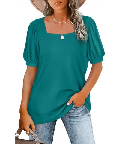 Womens Tops Square Neck Puff Short Sleeve Loose Fit Summer Shirts 04-peacock Blue $14.74 Blouses