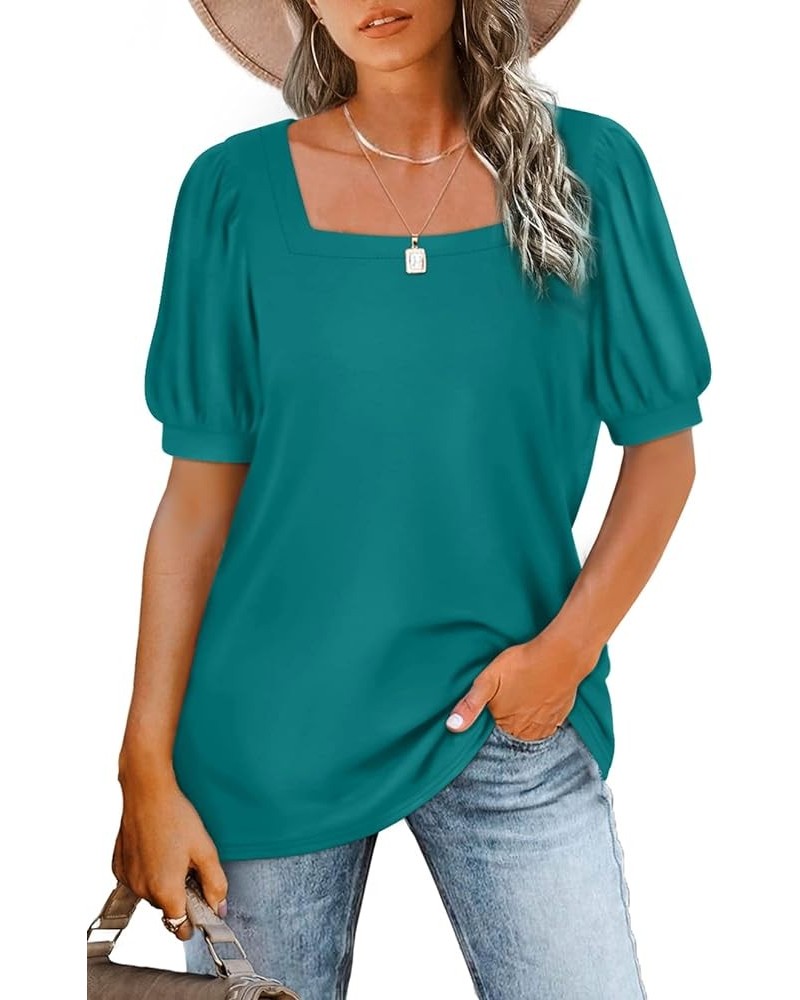 Womens Tops Square Neck Puff Short Sleeve Loose Fit Summer Shirts 04-peacock Blue $14.74 Blouses