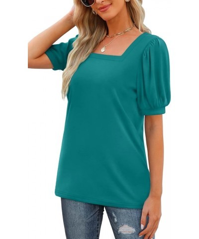 Womens Tops Square Neck Puff Short Sleeve Loose Fit Summer Shirts 04-peacock Blue $14.74 Blouses