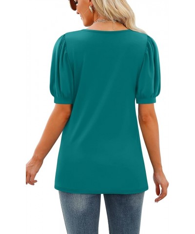 Womens Tops Square Neck Puff Short Sleeve Loose Fit Summer Shirts 04-peacock Blue $14.74 Blouses