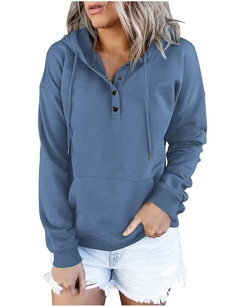 Womens Hoodie Fall Button Collar Fashion Hoodies & Sweatshirts Long Sleeve Drawstring Pockets Pullover Hoodie Clothes J37-blu...