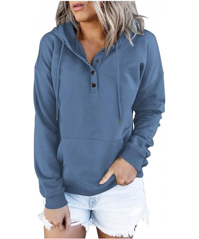 Womens Hoodie Fall Button Collar Fashion Hoodies & Sweatshirts Long Sleeve Drawstring Pockets Pullover Hoodie Clothes J37-blu...