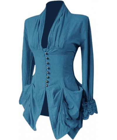 Womens Blazer Dressy Puff Sleeve Single Button Peplum Comfy Vintage Blazers Retro Solid Color Irregular Jackets Sky Blue $5.6...