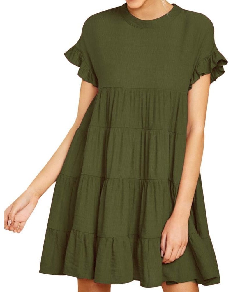 Women's Summer Ruffle Sleeve Round Neck Loose Fit Casual Swing Short Mini Dress Army Green $17.48 Dresses