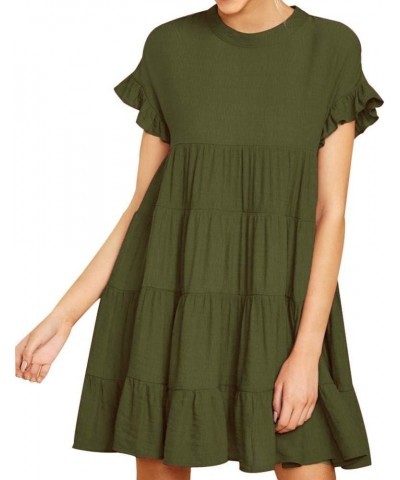 Women's Summer Ruffle Sleeve Round Neck Loose Fit Casual Swing Short Mini Dress Army Green $17.48 Dresses