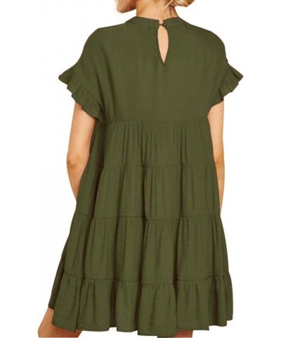 Women's Summer Ruffle Sleeve Round Neck Loose Fit Casual Swing Short Mini Dress Army Green $17.48 Dresses