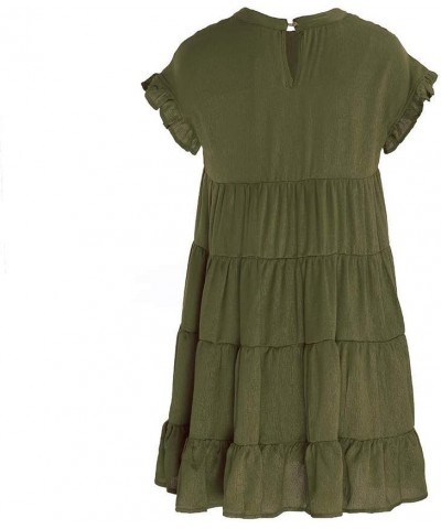 Women's Summer Ruffle Sleeve Round Neck Loose Fit Casual Swing Short Mini Dress Army Green $17.48 Dresses