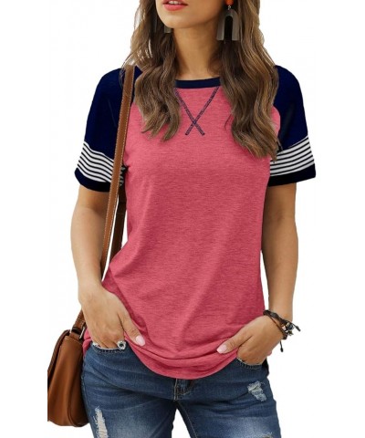 Womens T Shirts Short Sleeve Striped Color Block Leopard Casual Tops 21-watermelon $14.49 T-Shirts