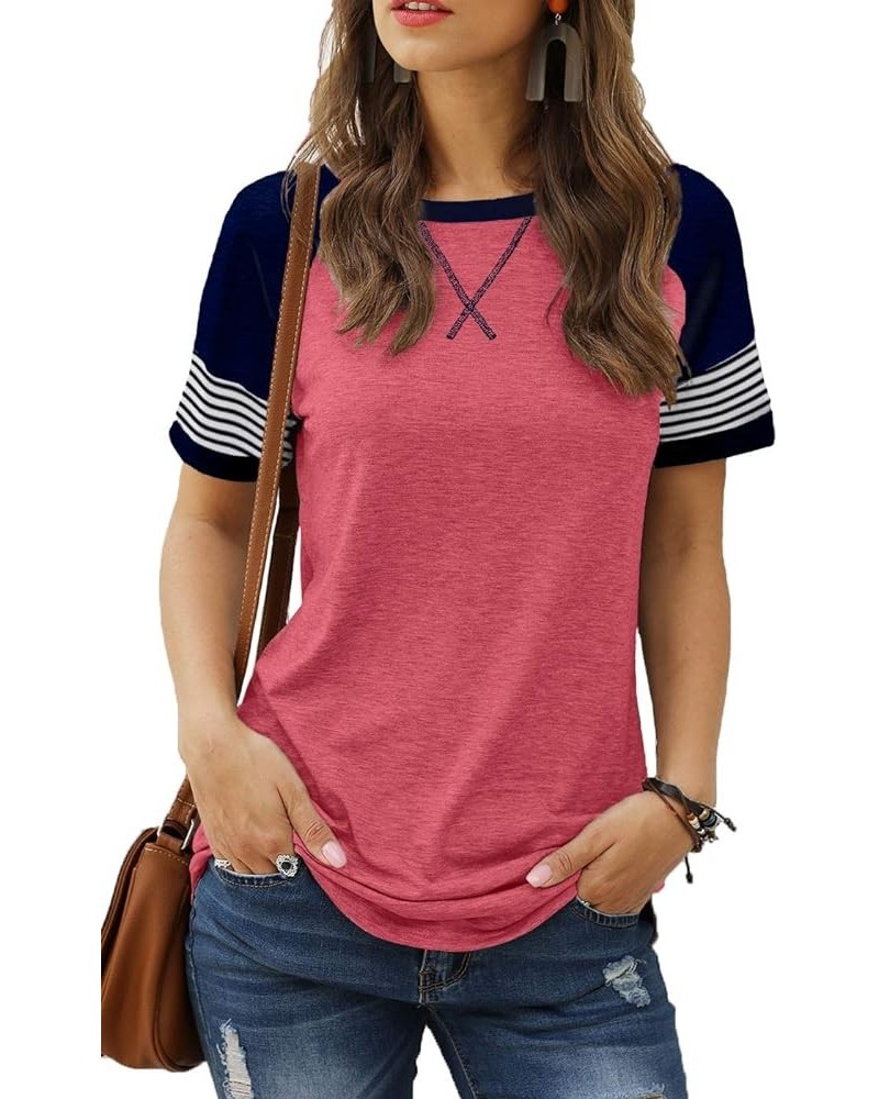 Womens T Shirts Short Sleeve Striped Color Block Leopard Casual Tops 21-watermelon $14.49 T-Shirts