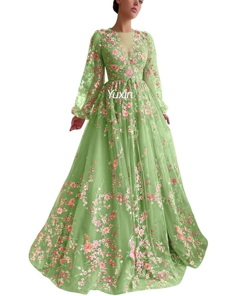 Puffy Sleeve Flower Prom Dresses for Women 2024 Long Embroidered Tulle Lace Formal Evening Party Gowns with Pocket 869 B-mint...