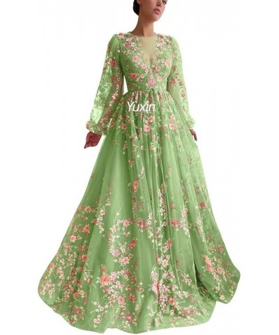 Puffy Sleeve Flower Prom Dresses for Women 2024 Long Embroidered Tulle Lace Formal Evening Party Gowns with Pocket 869 B-mint...