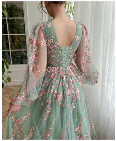 Puffy Sleeve Flower Prom Dresses for Women 2024 Long Embroidered Tulle Lace Formal Evening Party Gowns with Pocket 869 B-mint...