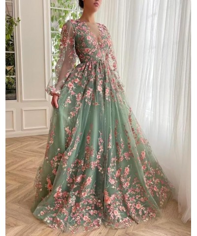 Puffy Sleeve Flower Prom Dresses for Women 2024 Long Embroidered Tulle Lace Formal Evening Party Gowns with Pocket 869 B-mint...