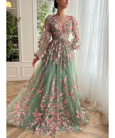 Puffy Sleeve Flower Prom Dresses for Women 2024 Long Embroidered Tulle Lace Formal Evening Party Gowns with Pocket 869 B-mint...