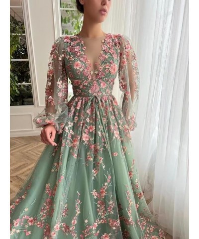 Puffy Sleeve Flower Prom Dresses for Women 2024 Long Embroidered Tulle Lace Formal Evening Party Gowns with Pocket 869 B-mint...