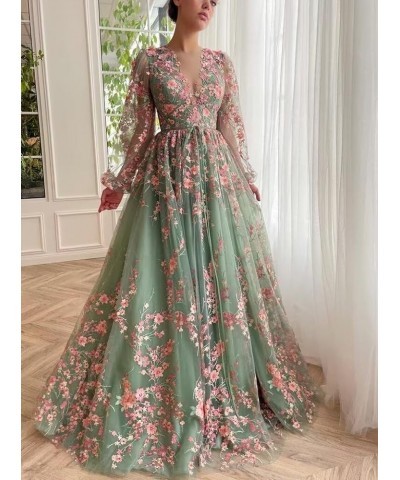 Puffy Sleeve Flower Prom Dresses for Women 2024 Long Embroidered Tulle Lace Formal Evening Party Gowns with Pocket 869 B-mint...