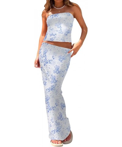 Women's 2 Piece Summer Outfits Sexy Lace Sleeveless Crop Tank Tops Bodycon Midi Long Skirt Dress Set Suit Blue Floral $10.42 ...