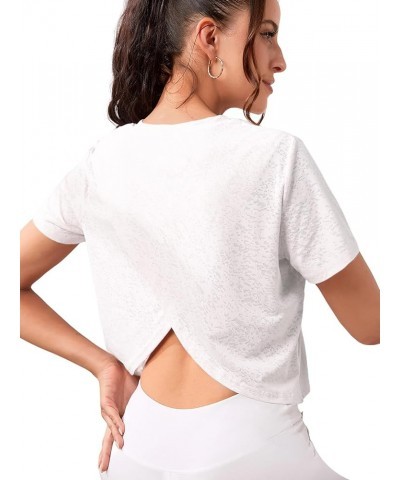 Women Workout Crop Tops Wrap Back Short Sleeve Yoga Running Tees Athletic Shirts White $14.03 Activewear