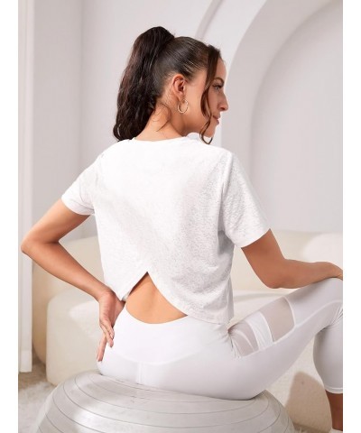 Women Workout Crop Tops Wrap Back Short Sleeve Yoga Running Tees Athletic Shirts White $14.03 Activewear