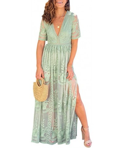 Women's Deep V-Neck Lace Romper Short Sleeve Long Dress Sage Green $30.10 Rompers