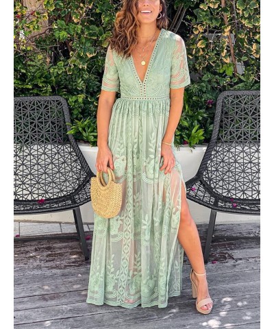 Women's Deep V-Neck Lace Romper Short Sleeve Long Dress Sage Green $30.10 Rompers