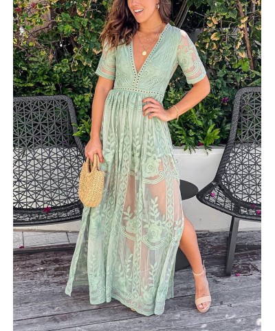 Women's Deep V-Neck Lace Romper Short Sleeve Long Dress Sage Green $30.10 Rompers