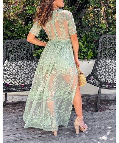 Women's Deep V-Neck Lace Romper Short Sleeve Long Dress Sage Green $30.10 Rompers