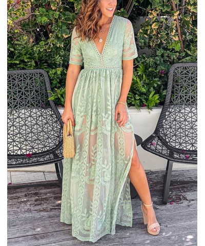 Women's Deep V-Neck Lace Romper Short Sleeve Long Dress Sage Green $30.10 Rompers