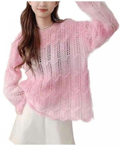 Women Fall Cute Crew Neck Long Sleeve Floral Gradient Loose Fit Light Mohair Pullover Sweater Trendy Pink $12.47 Sweaters