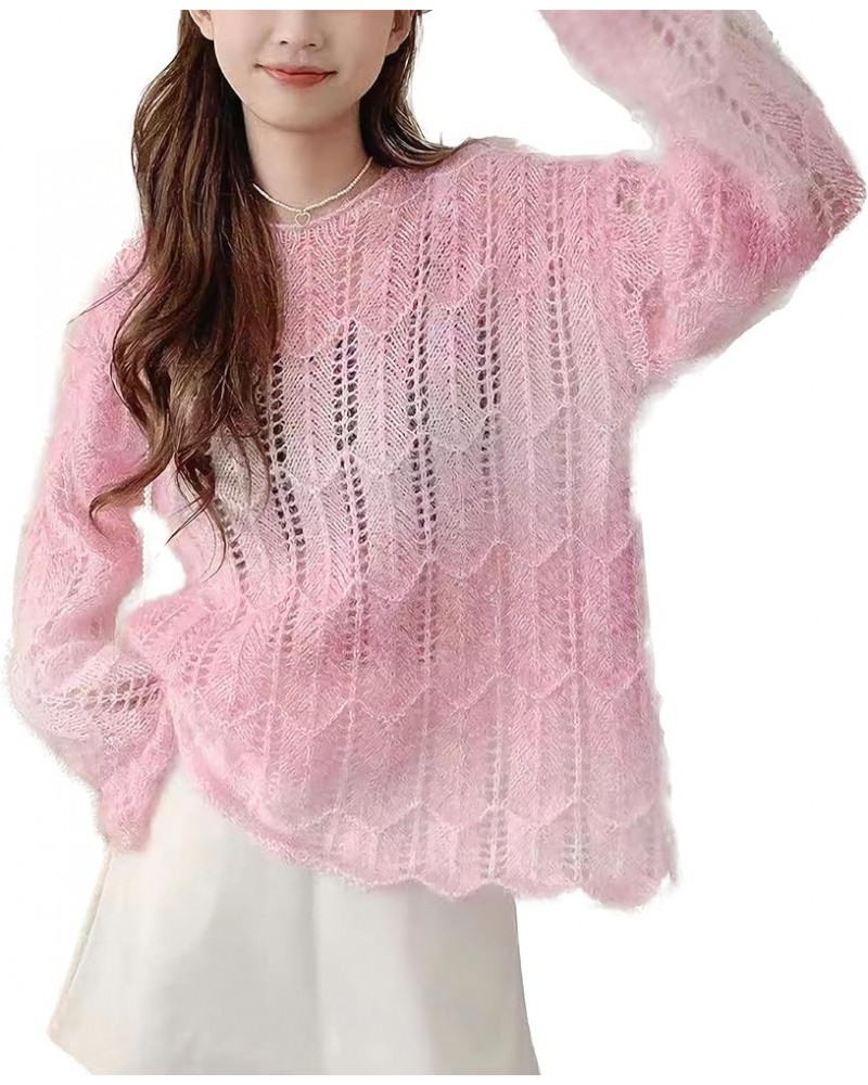 Women Fall Cute Crew Neck Long Sleeve Floral Gradient Loose Fit Light Mohair Pullover Sweater Trendy Pink $12.47 Sweaters