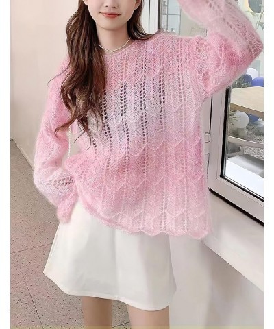 Women Fall Cute Crew Neck Long Sleeve Floral Gradient Loose Fit Light Mohair Pullover Sweater Trendy Pink $12.47 Sweaters